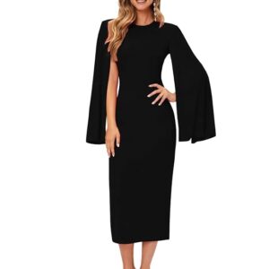 GRECIILOOKS Women's Red Bodycon Midi Dress – Cape Sleeve, Round Neck, Sleek Fit for Cocktail